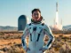 Justin Sun, Tron founder, standing proudly before a Blue Origin rocket, symbolizing his participation in the NS-34 mission.
