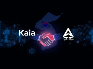 Kaia and Open Asset representatives shaking hands, symbolizing their partnership for the won-pegged stablecoin project in South Korea.