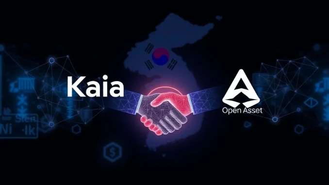 Kaia and Open Asset representatives shaking hands, symbolizing their partnership for the won-pegged stablecoin project in South Korea.