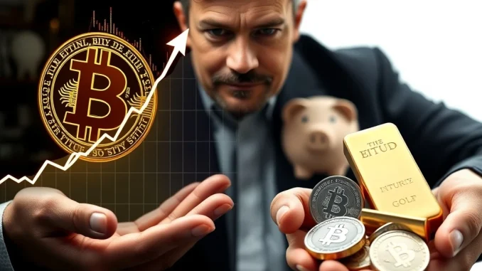 Robert Kiyosaki's critical Bitcoin investment strategy: a person weighing digital Bitcoin symbols against physical gold bars, representing diverse wealth preservation approaches.
