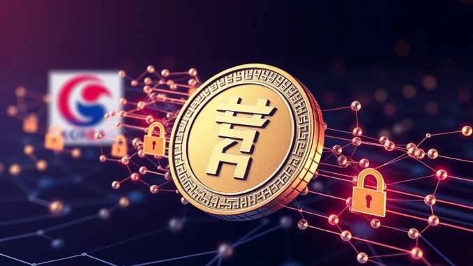 A digital representation of Korean Won currency flowing into a secure blockchain network, illustrating Korea Investment and Securities' exploration of a won-based stablecoin.