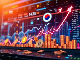 Korean crypto investors show strong optimism for an upcoming altcoin season, reflected in market charts and digital currency symbols.
