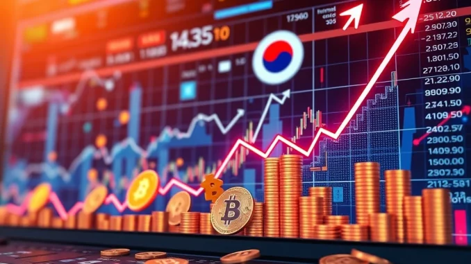 Korean crypto investors show strong optimism for an upcoming altcoin season, reflected in market charts and digital currency symbols.