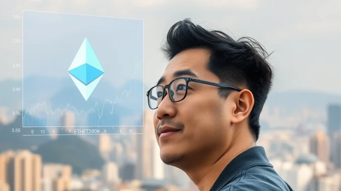 A confident Korean crypto investor observing an Ethereum price chart, reflecting the high expectations for ETH all-time high in the market.