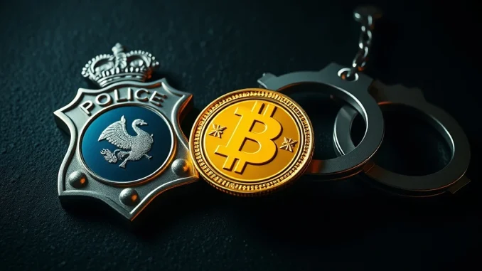 Handcuffs and a glowing crypto coin symbolizing the Korean police officer's conviction for a Queenbee token bribe.