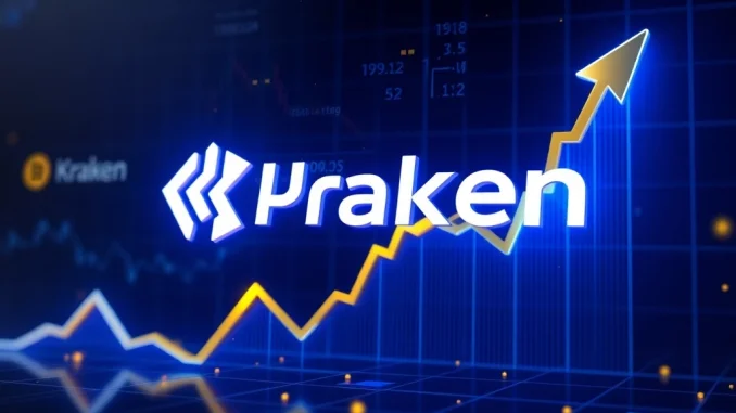 Kraken cryptocurrency exchange logo with rising stock graph for IPO announcement