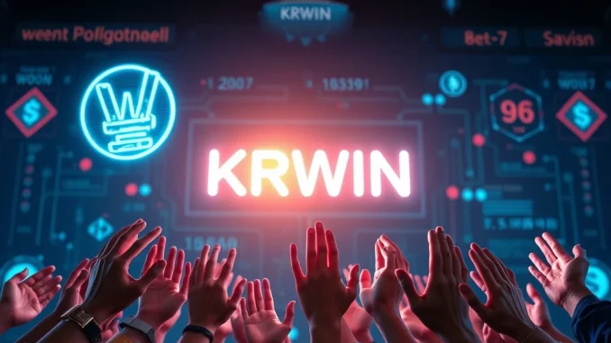 A digital representation of the KRWIN stablecoin community launch event, featuring South Korean won symbols and blockchain technology, highlighting its role in K-content payments.