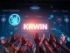 A digital representation of the KRWIN stablecoin community launch event, featuring South Korean won symbols and blockchain technology, highlighting its role in K-content payments.