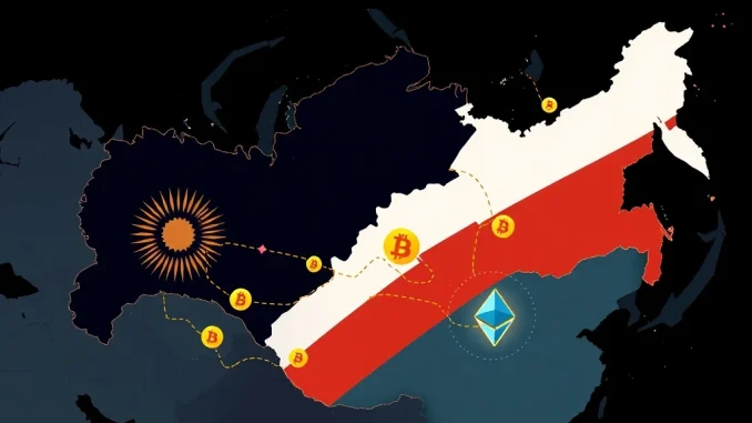 An image depicting digital currency flows between Kyrgyzstan and Russia, symbolizing how Kyrgyzstan crypto facilitates sanctions evasion.