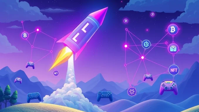 A digital LAZIO token icon ascending rapidly, surrounded by elements representing a gaming platform, an NFT marketplace, and robust blockchain infrastructure, illustrating the incredible LAZIO token surge.