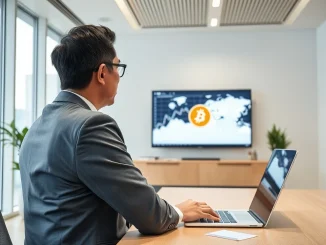 A Japanese business executive contemplating a significant Lib Work Bitcoin purchase, symbolizing corporate crypto adoption and strategic financial planning.