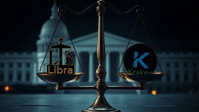 A digital scale symbolizing the intense Libra probe, balancing a Kraken transfer under Milei meeting scrutiny.