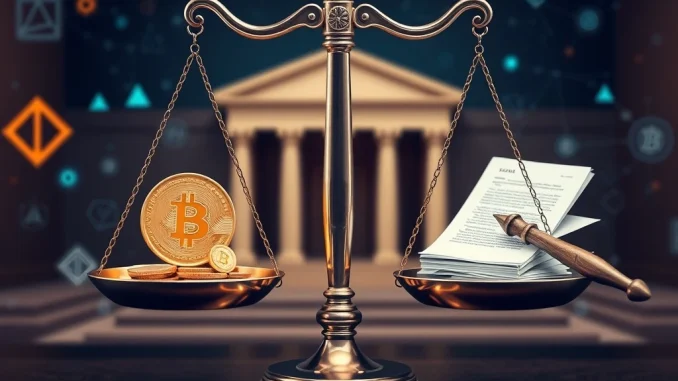 A digital scale balancing crypto symbols against legal documents, symbolizing the **Libra memecoin** legal dispute.