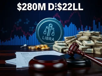 Image shows a gavel and legal documents over a collapsing crypto graph, symbolizing the LIBRA token legal dispute.