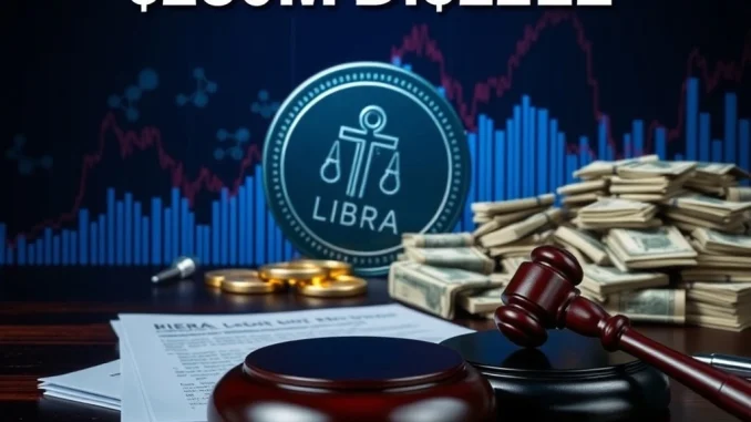 Image shows a gavel and legal documents over a collapsing crypto graph, symbolizing the LIBRA token legal dispute.
