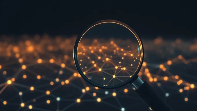 A digital magnifying glass over blockchain data, symbolizing the crucial centralized crypto exchange probe into a mysterious Libra transaction.