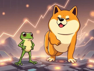 LILPEPE frog character confidently challenges Dogecoin, symbolizing its ambitious rise and potential to rival established memecoins.