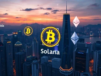 LineKong's strategic crypto purchase displayed on a digital screen against a Hong Kong financial district backdrop, symbolizing corporate digital asset investment.