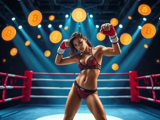 Lingerie Fighting Championships embraces Bitcoin investment in a futuristic boxing ring.