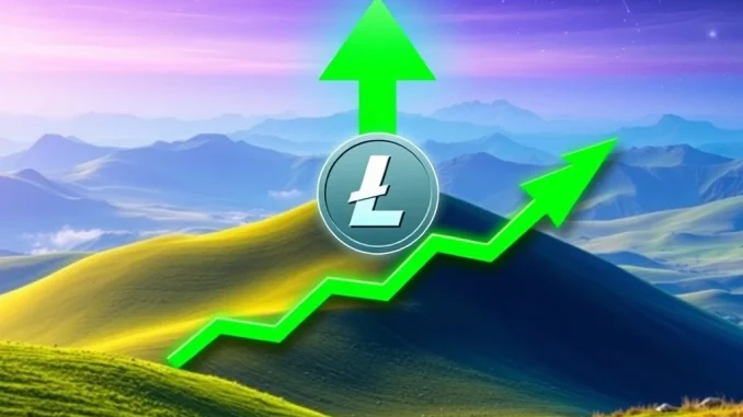 A chart showing Litecoin's price surge testing crucial resistance within a seven-year symmetrical triangle, indicating potential Litecoin price breakout.