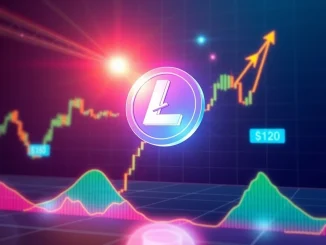 Litecoin (LTC) chart showing a significant price surge, with an arrow pointing towards the $120-$125 breakout range, indicating bullish momentum.