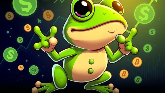 Little Pepe meme coin presale surges, showing a triumphant Pepe character amidst crypto symbols, representing its rapid growth and zero-tax model.