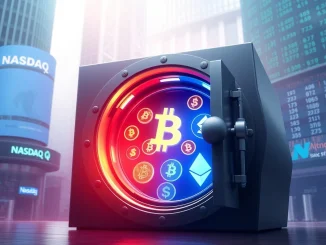 LIXTE's corporate treasury, depicted as a secure vault, opens to reveal digital currency symbols, signifying LIXTE crypto investment in Bitcoin.