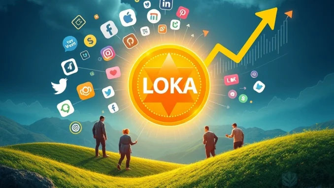 A digital illustration showing the LOKA token icon at the peak of an explosive crypto price surge, fueled by social media engagement.