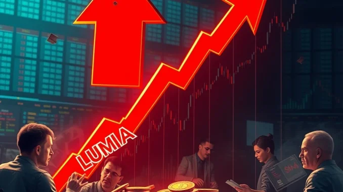 LUMIA crash depicted with a steep red arrow on a volatile cryptocurrency graph