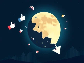 Depiction of Lunar Strategy's alarming decline in crypto influencer engagement, showing broken social media symbols and a struggling moon.