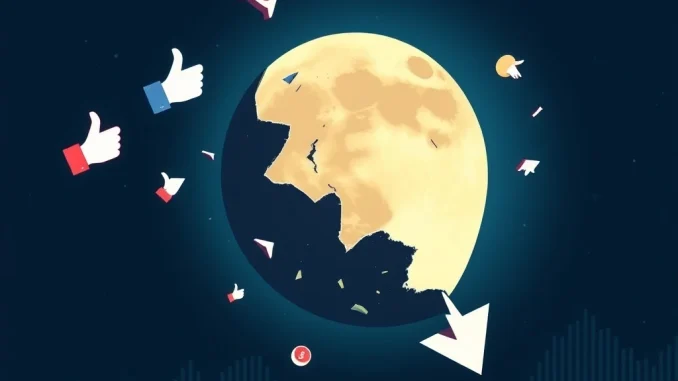 Depiction of Lunar Strategy's alarming decline in crypto influencer engagement, showing broken social media symbols and a struggling moon.