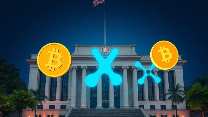 Conceptual image showing Central Bank of Malaysia building with Bitcoin and XRP symbols, representing the exploration of Central Bank of Malaysia crypto as monetary alternatives.
