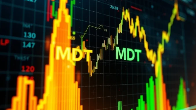 A volatile cryptocurrency chart showing a steep decline, representing the dramatic MDT token price drop and overall crypto volatility.