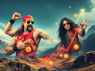 Abstract art depicting Hulk Hogan and Ozzy Osbourne's legacies intertwined with soaring crypto charts, symbolizing the explosive surge of celebrity-inspired memecoins.