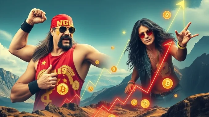Abstract art depicting Hulk Hogan and Ozzy Osbourne's legacies intertwined with soaring crypto charts, symbolizing the explosive surge of celebrity-inspired memecoins.