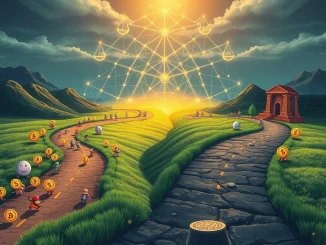 Depicts memecoins surging past NFTs amidst complex crypto market regulations, highlighting the contrasting paths of digital assets.