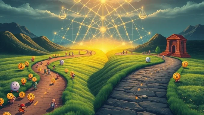 Depicts memecoins surging past NFTs amidst complex crypto market regulations, highlighting the contrasting paths of digital assets.