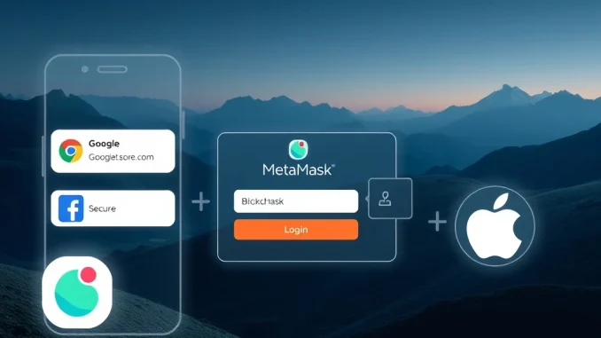 MetaMask social login interface showing Google and Apple icons, representing simplified access to Web3 and secure crypto wallet management.