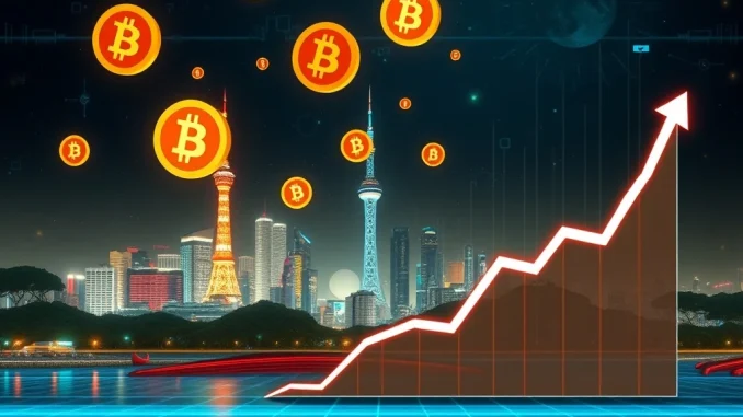 Metaplanet's Bitcoin revenue growth in Q2 with Tokyo skyline and BTC symbols