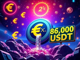 A digital representation of the MEXC exchange logo with EURR stablecoin symbols and a large 85,000 USDT reward, illustrating the MEXC Staking event.