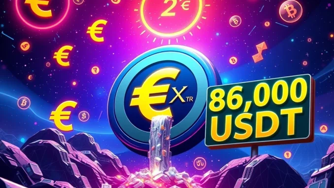 A digital representation of the MEXC exchange logo with EURR stablecoin symbols and a large 85,000 USDT reward, illustrating the MEXC Staking event.