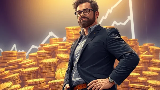 Michael Saylor overseeing MicroStrategy's immense Bitcoin holdings, symbolizing strategic BTC acquisition.