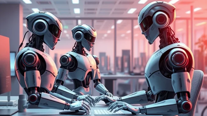 Generative AI impact on jobs as robots and humans work together in a futuristic office.
