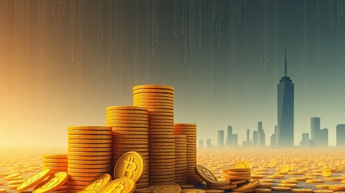 Visualizing MicroStrategy Bitcoin holdings as a towering stack of digital gold coins, representing significant corporate investment growth.