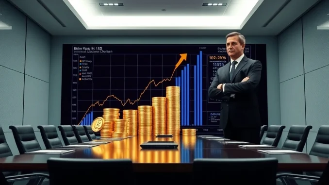 Michael Saylor overseeing MicroStrategy's growing Bitcoin holdings, symbolizing their strategic BTC purchase and investment.