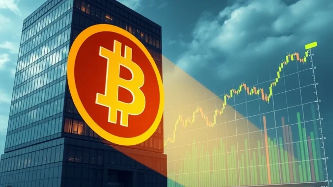 MicroStrategy's audacious Bitcoin strategy is depicted with a corporate building and a rising Bitcoin chart, symbolizing significant crypto investment.