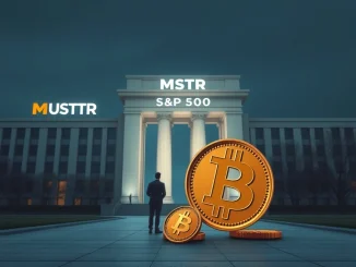 An illustration symbolizing MicroStrategy's S&P 500 exclusion, with MSTR company representation outside a prestigious market index, highlighting its Bitcoin connection.