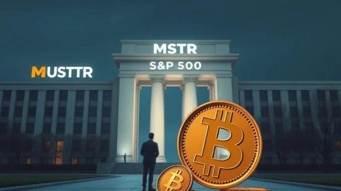 An illustration symbolizing MicroStrategy's S&P 500 exclusion, with MSTR company representation outside a prestigious market index, highlighting its Bitcoin connection.