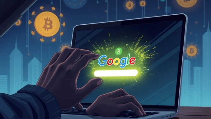 A digital warning sign indicating a dangerous MistTrack Google Ad phishing scam, highlighting the need for crypto security.