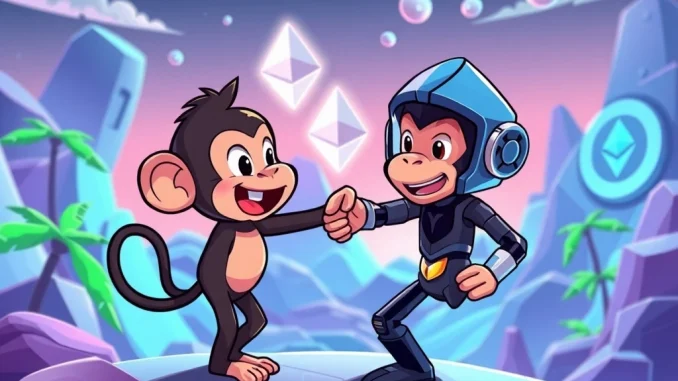 MMON Unleashes Revolutionary Global Casual Gaming Platform with GammaStack Partnership An animated monkey character (MMON) and a tech figure shaking hands over a digital gaming interface, symbolizing the MMON GammaStack partnership for a new gaming platform.